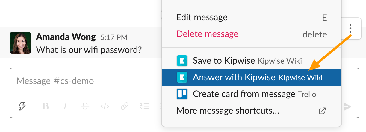 Slack shortcut - Answer with Kipwise