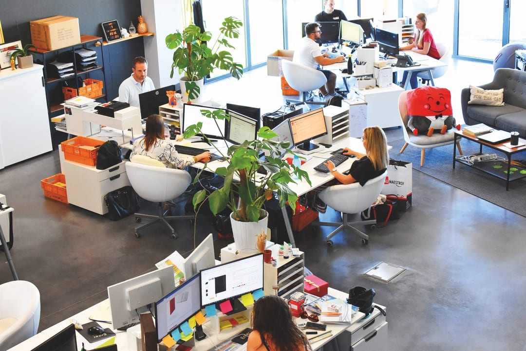 Team working at desks in a busy startup office